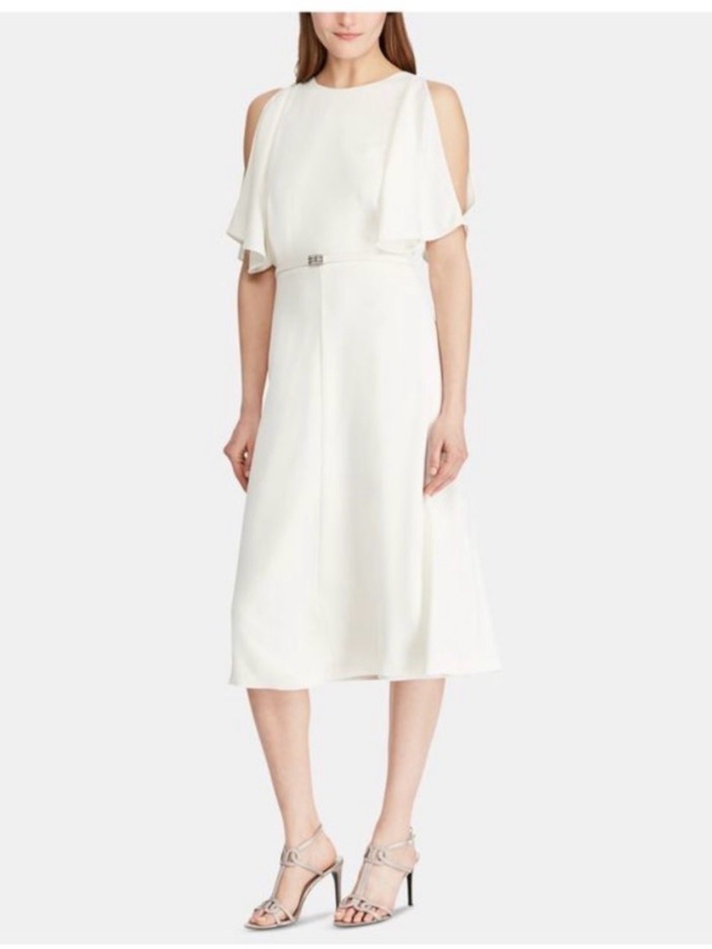 Ralph Lauren Ivory Cold-Shoulder Midi Dress with Cape Detail